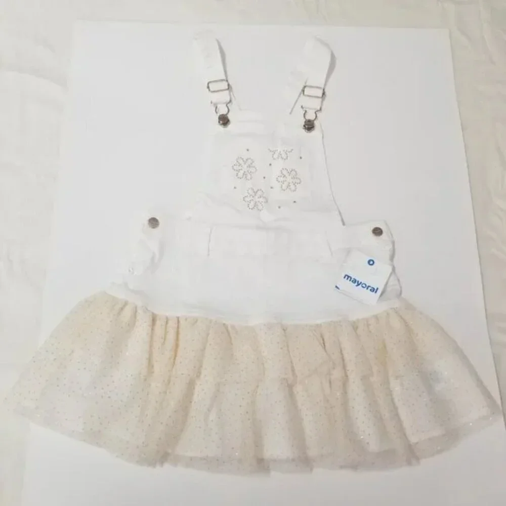 Nwt Mayoral white denim overall skirt sparkly bottom size 6 (F13)